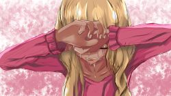 Rule 34 | 1girl, blonde hair, braid, covering face, covering own eyes, crimalbitic, crying, dark skin, emergence (shindol), glasses, hand on own face, highres, long hair, long sleeves, pink shirt, shirt, solo, tears, twin braids, twintails, upper body, yoshida saki