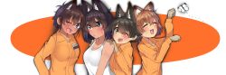 Rule 34 | 4girls, :3, ;d, absurdres, animal ear fluff, animal ears, blue eyes, blush, bob cut, brown eyes, brown hair, bug, butterfly, cat ears, closed eyes, dark-skinned female, dark skin, freckles, girls und panzer, gloves, green eyes, grey gloves, hands on another&#039;s shoulders, highres, hoshino (girls und panzer), insect, jumpsuit, kemonomimi mode, kshimu, long sleeves, looking at viewer, mechanic, multiple girls, nakajima (girls und panzer), name tag, one eye closed, open mouth, orange jumpsuit, paw pose, romaji text, shirt, short hair, side-by-side, smile, standing, suzuki (girls und panzer), sweatdrop, tank top, tsuchiya (girls und panzer), uniform, white shirt
