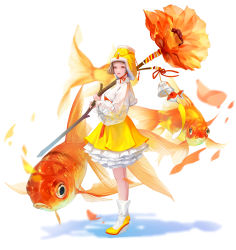 Rule 34 | 1girl, absurdres, animal, ankle boots, blunt bangs, boots, brown eyes, brown hair, dress, fish, flower, flying animal, flying fish, from side, fur trim, hat, highres, holding, holding flower, lizchief, long sleeves, looking at viewer, orange flower, orange theme, original, oversized animal, oversized flower, parted lips, pink lips, see-through, see-through sleeves, short dress, solo, standing, wind chime