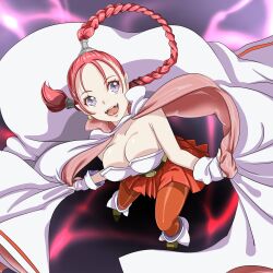 Rule 34 | 1girl, belt, braid, breasts, cape, chrono trigger, cleavage, flea (chrono trigger), full body, gloves, jewelry, large breasts, long hair, open mouth, pink hair, pointy ears, ponytail, purple eyes, single braid, skirt, smile, solo, yozora