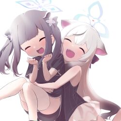 Rule 34 | 2girls, animal ears, black dress, black hair, blue archive, blush, carrying, carrying person, child, china dress, chinese clothes, closed eyes, commentary request, dress, erogomatinpo, gradient hair, grey hair, halo, happy, highres, hug, hug from behind, kokona (blue archive), long hair, medium hair, multicolored hair, multiple girls, open mouth, pinstripe pattern, short sleeves, shun (blue archive), shun (small) (blue archive), siblings, simple background, sisters, skirt, sleeveless, sleeveless dress, smile, striped, thighhighs, thighs, twintails, very long hair, white background, white skirt, white thighhighs