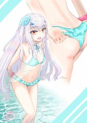 Rule 34 | 1girl, asobeco, ass, bare shoulders, bikini, blue bikini, blush, breasts, brown eyes, collarbone, melusine (fate), fate/grand order, fate (series), flower, forked eyebrows, hair flower, hair ornament, highres, long hair, looking at viewer, melusine (lancelot), multiple views, navel, open mouth, sidelocks, small breasts, smile, swimsuit, thighs, wading, water, white hair