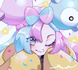 Rule 34 | 1girl, blue hair, bow-shaped hair, character hair ornament, closed mouth, creatures (company), game freak, gen 1 pokemon, hair ornament, highres, iono (pokemon), jacket, light blue hair, long sleeves, looking at viewer, magnemite, multicolored hair, nintendo, one eye closed, oversized clothes, pink hair, pokemon, pokemon sv, portrait, purple eyes, signature, sleeves past fingers, sleeves past wrists, smile, solo, split-color hair, surumeika (ninfiiiir), two-tone hair, very long sleeves, yellow jacket