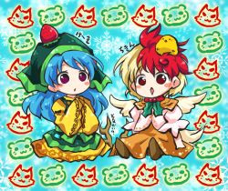 Rule 34 | 2girls, diamond mouth, :o, animal, animal on head, apron, arms up, bird, bird on head, blonde hair, blue background, blue hair, blush stickers, brown skirt, chibi, chick, dress, fake antlers, food, food on head, fruit, fruit on head, green apron, green headwear, green neckwear, hands in opposite sleeves, haniyasushin keiki, hood, layered dress, long hair, long sleeves, looking at viewer, multicolored hair, multiple girls, niwatari kutaka, object on head, on head, otter spirit (touhou), patterned background, pote (ptkan), puffy short sleeves, puffy sleeves, purple eyes, red hair, red neckwear, shirt, short sleeves, sitting, skirt, snowflake background, strawberry, touhou, translation request, two-tone hair, very long hair, white shirt, wolf spirit (touhou), yellow dress