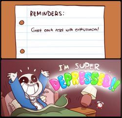 Rule 34 | 1boy, 2koma, alarm clock, artist request, bed, clock, comic, english text, falling, grin, highres, hood, hoodie, lamp, mudkipful, paper, parody, rainbow text, sans (undertale), skeleton, smile, spoilers, sticky note, undertale, waking up