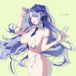 1girl absurdres alsace_(azur_lane) alsace_(heat_beating_summer_sacrament)_(azur_lane) azur_lane bikini blue-tinted_eyewear blue_necktie bracelet breasts character_name commentary_request cowboy_shot detached_collar eyewear_on_head flower flower_bracelet food hair_flower hair_ornament highres holding holding_food holding_popsicle huangmao jewelry large_breasts long_hair navel necktie official_alternate_costume open_mouth popsicle purple_eyes simple_background solo swimsuit tinted_eyewear very_long_hair white_bikini yellow_background