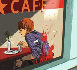 Rule 34 | 1boy, blood on window, bloody handprints, cafe, closed mouth, commentary request, cup, day, drinking glass, empty eyes, english text, expressionless, flower, from behind, from outside, gun, handgun, handprint, highres, holding, holding cup, holding gun, holding weapon, implied murder, looking at viewer, looking back, male focus, on chair, orange hair, original, pinstripe pattern, pinstripe shirt, plate, procreate (medium), purple shirt, red eyes, rgk1254, rose, shadow, shirt, short hair, sitting, sleeves rolled up, striped, table, vase, weapon, yellow flower, yellow rose