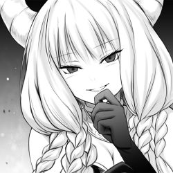Rule 34 | 1girl, aura (sousou no frieren), black hair, braid, breasts, chien zero, cleavage, demon girl, eyelashes, female focus, gloves, gradient background, greyscale, grin, hair over shoulder, hand on own chin, hand up, horns, jewelry, long hair, looking at viewer, monochrome, multiple braids, neck ring, portrait, sleeveless, smile, smirk, solo, sousou no frieren, stroking own chin