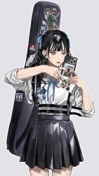 Rule 34 | 1girl, absurdres, belt, belt buckle, black belt, black hair, black skirt, blue nails, blue ribbon, blush, buckle, cellphone, collared shirt, commentary request, cowboy shot, dress shirt, earrings, grey background, grey eyes, guitar case, hair ribbon, heart, heart hands, highres, hinako 95, holding, holding phone, instrument case, instrument on back, jewelry, long hair, makeup, mole, mole under eye, nail polish, neck ribbon, original, outline, phone, photo (object), pleated skirt, ribbon, school uniform, shirt, shirt tucked in, simple background, skirt, sleeves past elbows, sleeves rolled up, smartphone, solo, standing, sticker, two side up, white outline, white shirt