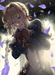 Rule 34 | 10s, 1girl, bent over, blonde hair, blue eyes, blue jacket, braid, brooch, crying, crying with eyes open, dress, flower, gloves, hair between eyes, hair intakes, hair ribbon, highres, jacket, jewelry, long sleeves, looking down, own hands together, petals, red ribbon, ribbon, sad, sobbing, solo, streaming tears, sunlight, taiga (ryukyu-6102-8), teardrop, tears, violet (flower), violet evergarden, violet evergarden (series), wavy mouth, window