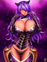 Rule 34 | 1girl, breasts, camilla (fire emblem), cleavage, fire emblem, fire emblem if, large breasts, long hair, looking at viewer, nintendo, purple eyes, purple hair, smile, solo, tagme