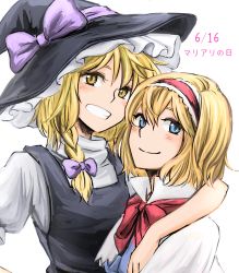 Rule 34 | 2girls, alice margatroid, arm around shoulder, blonde hair, blue eyes, bow, braid, capelet, dated, grin, hair bow, hairband, hat, hat ribbon, high collar, highres, kirisame marisa, lolita hairband, long hair, looking at viewer, multiple girls, nip to chip, puffy short sleeves, puffy sleeves, ribbon, short hair, short sleeves, simple background, single braid, smile, touhou, upper body, vest, white background, witch hat, yellow eyes