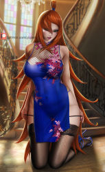 Rule 34 | 1girl, alternate costume, bare shoulders, black panties, blue dress, blue footwear, blurry, blurry background, breasts, brown hair, commentary, covered navel, dress, english commentary, fishnet thighhighs, fishnets, full body, green eyes, hair over one eye, high heels, kneeling, large breasts, lipstick, long hair, makeup, nail polish, naruto, naruto (series), naruto shippuuden, panties, panty pull, patreon logo, patreon username, pink lips, purple nails, short dress, side slit, sleeveless, sleeveless dress, solo, stained glass, stairs, terumi mei, thighhighs, underwear, very long hair, window, yiqiang