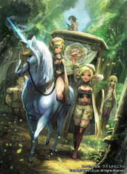Rule 34 | 5girls, ahoge, arm behind head, arm up, arms up, belt, black legwear, blonde hair, blue eyes, boots, breasts, cape, carriage, circlet, cleavage, copyright name, dagger, detached collar, dress, dutch angle, elf, fantasy, fat, forest, green hair, hat, horseback riding, knife, lack, large breasts, last chronicle, leaf, light particles, long hair, long pointy ears, looking at another, midriff, multiple girls, nature, navel, open mouth, original, outdoors, path, pointy ears, riding, road, shirt, short dress, shorts, smile, stretching, sword, thigh boots, thighhighs, tree, unicorn, wagon, walking, weapon, zettai ryouiki