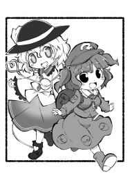 Rule 34 | 2girls, :d, backpack, bag, blush, boots, collared shirt, eyeball, flat cap, framed, frilled shirt collar, frilled sleeves, frills, full body, greyscale, hair bobbles, hair ornament, hat, heart, heart of string, kawashiro nitori, komeiji koishi, long sleeves, monochrome, multiple girls, open mouth, outside border, pocket, puffy sleeves, shirt, short hair, short twintails, simple background, skirt, smile, standing, third eye, touhou, twintails, two side up, wavy hair, white background, wide sleeves, zubatto (makoto)