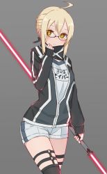 Rule 34 | 1girl, ahoge, artoria pendragon (fate), black jacket, black thighhighs, blonde hair, blush, braid, breasts, commentary request, dark persona, double-bladed sword, energy sword, fate/grand order, fate (series), french braid, glasses, grey background, hair between eyes, holding, jacket, kopaka (karda nui), lightsaber, long hair, long sleeves, looking at viewer, mysterious heroine x alter (fate), mysterious heroine x alter (second ascension) (fate), scarf, semi-rimless eyewear, shorts, simple background, small breasts, solo, sword, thigh strap, thighhighs, thighs, under-rim eyewear, weapon, white shorts, yellow eyes