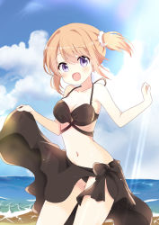 Rule 34 | 1girl, :d, beach, bikini, black bikini, breasts, clothes lift, commentary request, day, gochuumon wa usagi desu ka?, hair between eyes, hair ornament, hair scrunchie, hoto cocoa, looking at viewer, massala, medium breasts, navel, open mouth, orange hair, outdoors, purple eyes, sarong, sarong lift, scrunchie, short sidetail, side ponytail, smile, solo, standing, swimsuit, water