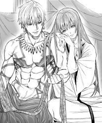 Rule 34 | 1boy, 1other, androgynous, arabian clothes, collarbone, couple, earrings, enkidu (fate), fate/grand order, fate (series), gilgamesh (fate), greyscale, jewelry, kimidake, looking at another, monochrome, muscular, muscular male, necklace, parted lips, robe, sitting, smile, toga, toned, topless male, white robe