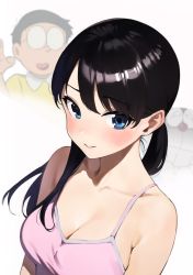 Rule 34 | 1boy, 1girl, 1other, ai-assisted, black hair, blue eyes, breasts, cleavage, closed mouth, collared shirt, doraemon, doraemon (character), glasses, highres, long hair, looking at viewer, medium breasts, minamoto shizuka, mr tangsuyuk, nobi nobita, open mouth, pink shirt, round eyewear, shirt, short hair, simple background, sleeveless, smile, solo focus, spaghetti strap, sweater, upper body, white background, yellow sweater