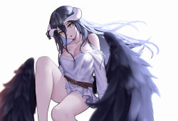 Rule 34 | 1girl, albedo (overlord), arm support, bare shoulders, belt, black hair, black wings, blurry, blurry foreground, breasts, cleavage, collarbone, commentary, demon girl, demon horns, dress, feathered wings, feet out of frame, hair between eyes, highres, horns, large breasts, leg up, long hair, long sleeves, looking at viewer, low wings, off shoulder, open mouth, overlord (maruyama), shirt, simple background, sitting, siun, solo, white background, white dress, wings, yellow eyes