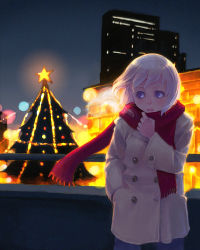 Rule 34 | 1girl, christmas, christmas lights, christmas tree, city, coat, lowres, night, original, outdoors, red scarf, scarf, solo, weno, weno&#039;s blonde original character