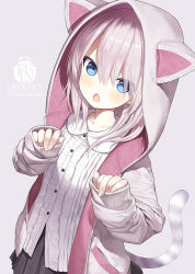 Rule 34 | 1girl, animal hood, artist name, black skirt, blue eyes, capriccio, cat hood, cat tail, collarbone, collared shirt, commentary request, dress shirt, eyes visible through hair, grey background, grey jacket, hair over one eye, hands up, hood, hood up, hooded jacket, jacket, long hair, long sleeves, looking at viewer, open mouth, original, pleated skirt, shirt, silver hair, simple background, skirt, sleeves past wrists, solo, tail, white shirt