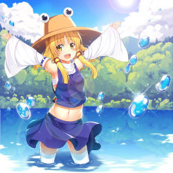 Rule 34 | 1girl, :d, armpits, arms up, bare shoulders, blonde hair, blue shirt, blue skirt, blush, breasts, bubble, cloud, cloudy sky, commentary request, cowboy shot, crop top, day, detached sleeves, forest, groin, hair ribbon, hat, kouzuki tsubasa (musou kaidou), lake, long hair, long sleeves, looking at viewer, medium breasts, miniskirt, moriya suwako, nature, navel, open mouth, outdoors, outstretched arms, partially submerged, purple skirt, red ribbon, ribbon, sarashi, shirt, sidelocks, skirt, skirt set, sky, sleeveless, sleeveless shirt, smile, solo, spread arms, standing, stomach, sunlight, thighhighs, touhou, tress ribbon, vest, wading, white thighhighs, wide sleeves, yellow eyes, zettai ryouiki