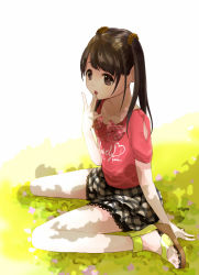 Rule 34 | 1girl, :o, bad id, bad pixiv id, blush, bow, brown eyes, brown hair, dappled sunlight, finger to mouth, full body, grass, highres, long hair, looking afar, off-shoulder shirt, off shoulder, open mouth, original, outdoors, red bow, sandals, sasamaru chimaki, shirt, sitting, skirt, solo, sunlight, toes, twintails, wariza