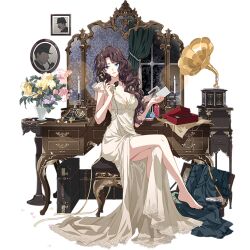 Rule 34 | 1girl, bare legs, barefoot, blue eyes, breasts, brown hair, cleavage, crossed legs, feet, flower, flower pot, full body, holding, holding phone, holding photo, honkai (series), honkai impact 3rd, indoors, irene adler (honkai impact), legs, long hair, medium breasts, mirror, night, official art, phone, photo (object), reflection, sitting, table, third-party source, toenails, toes, transparent background