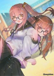 Rule 34 | 2girls, :3, back-to-back, bad id, bad pixiv id, black pantyhose, black ribbon, black skirt, blurry, blush, breasts, brown eyes, brown hair, building, depth of field, flying sweatdrops, girls&#039; frontline, glasses, hair between eyes, hair ornament, hair over shoulder, hair ribbon, hairclip, hanato (seonoaiko), jacket, lifting person, locked arms, long hair, looking at viewer, medium breasts, midriff peek, multiple girls, one side up, open mouth, pantyhose, pleated skirt, ribbon, sailor, sailor collar, scar, scar across eye, scar on face, school, school yard, skirt, smile, sparkle, surprised, thighhighs, thighs, twintails, twitter username, ump45 (girls&#039; frontline), ump9 (girls&#039; frontline), wind, wind lift, yellow eyes