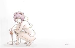 Rule 34 | 1girl, bad id, bad twitter id, barefoot, breasts, dated, eyeball, from side, full body, gradient background, hairband, hasunemachi, heart, komeiji satori, looking at viewer, nude, pink eyes, pink hair, short hair, small breasts, solo, squatting, string, third eye, tiptoes, touhou