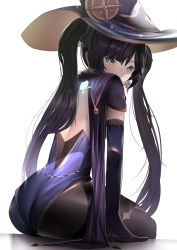 Rule 34 | 1girl, black hair, black pantyhose, blue hat, blue leotard, detached sleeves, earrings, from behind, gdat, genshin impact, green eyes, hair ornament, hat, highres, jewelry, large hat, leotard, long hair, long sleeves, looking at viewer, looking back, mona (genshin impact), pantyhose, simple background, sitting, thighs, twintails, vision (genshin impact), white background, witch hat