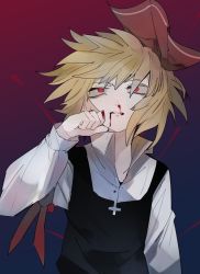 Rule 34 | 1girl, black vest, blonde hair, blood, blood from mouth, blood on face, blood on hands, blouse, blue background, clenched hand, collared shirt, commentary request, cross, glowing, glowing eyes, gradient background, hair ribbon, hand on own cheek, hand on own face, hand up, highres, ikurauni, long sleeves, looking at viewer, messy hair, no neckwear, nosebleed, open clothes, open shirt, parted lips, raised eyebrow, red background, red eyes, red ribbon, ribbon, rumia, shirt, short hair, sidelocks, solo, spiked hair, touhou, upper body, vest, white shirt, wing collar