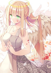 Rule 34 | 1girl, :&lt;, angel, blonde hair, blood, blood on face, blood on hands, blood splatter, blood trail, breasts, cleavage, closed mouth, crying, crying with eyes open, dress, feathered wings, feathers, floral print, green eyes, hair flowing over, halo, hoshino koucha, jewelry, long hair, medium breasts, necklace, original, own hands together, pendant, ponytail, praying, sidelocks, sleeveless, sleeveless dress, solo, straight hair, streaming tears, tears, tile floor, tiles, very long hair, white background, white wings, wing ornament, wings