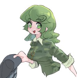 Rule 34 | 1girl, blouse, breasts, camouflage, camouflage shirt, collared shirt, cropped torso, frogsnake, green eyes, green hair, green shirt, hat, holding, holding clothes, holding hat, jewelry, key, key necklace, long hair, looking at viewer, medium breasts, necklace, open mouth, shirt, simple background, sleeve rolled up, smile, solo, swirl, touhou, unworn hat, unworn headwear, wavy hair, white background, yamashiro takane