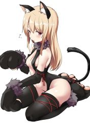 Rule 34 | 1girl, animal costume, animal ears, animal hands, black footwear, black gloves, black leotard, blush, boots, breasts, cat costume, cat ears, cat tail, cleavage, clothing cutout, commentary request, elbow gloves, fake animal ears, fake tail, fate/kaleid liner prisma illya, fate/stay night, fate (series), flying sweatdrops, full body, fur collar, gloves, half-closed eyes, illyasviel von einzbern, leotard, light frown, long hair, looking at viewer, medium breasts, navel, noa (nagareboshi), official alternate costume, parted lips, paw gloves, paw shoes, simple background, sitting, solo, stomach cutout, tail, thigh boots, thighhighs, thighs, wariza, white background