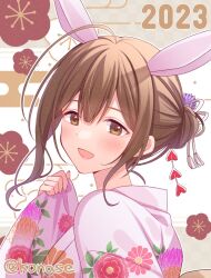Rule 34 | 1girl, 2023, ahoge, alternate hairstyle, animal ears, blush, bow, breasts, brown eyes, brown hair, chinese zodiac, dot nose, egasumi, fake animal ears, floral print, flower, folded ponytail, hair bow, hair flower, hair ornament, hair ribbon, hand up, happy new year, highres, idolmaster, idolmaster shiny colors, japanese clothes, kimono, konase (non stop!), kuwayama chiyuki, large breasts, long hair, long sleeves, looking at viewer, new year, open mouth, pink kimono, plum blossoms, print kimono, purple flower, rabbit ears, ribbon, sleeves past wrists, smile, solo, twitter username, upper body, white ribbon, wide sleeves, year of the rabbit