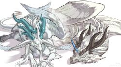 Rule 34 | blue horns, closed eyes, dragon, dragon wings, feathered wings, highres, horns, lying, no humans, original, shina ppp, sleeping, smile, western dragon, white background, white fur, wings