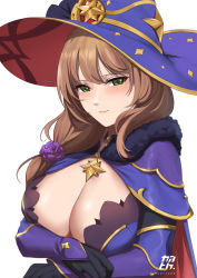 Rule 34 | 1girl, bad id, bad pixiv id, black gloves, blue cape, blue hat, blue leotard, blush, breasts, brown hair, cape, choker, cleavage, cosplay, detached sleeves, elbow gloves, fur collar, genshin impact, gloves, gold trim, green eyes, hat, hat ornament, highres, kauru00, large breasts, leotard, lisa (genshin impact), long hair, looking at viewer, mona (genshin impact), mona (genshin impact) (cosplay), solo, witch hat