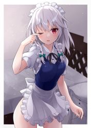 Rule 34 | 1girl, apron, bed, black bow, black bowtie, blue vest, blush, border, bow, bowtie, braid, breasts, buttons, collar, collared shirt, green bow, hair between eyes, hair bow, hand up, izayoi sakuya, light, looking at viewer, maid, maid headdress, medium breasts, no pants, one eye closed, open mouth, puffy short sleeves, puffy sleeves, ramie (ramie541), red eyes, shadow, shirt, short hair, short sleeves, silver hair, solo, standing, table, touhou, twin braids, vest, wall, white apron, white border, white bow, white shirt