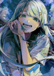 Rule 34 | 1girl, absurdres, green eyes, green hair, hair ornament, hairclip, highres, long hair, looking at viewer, nowatari hii, open mouth, original, paint splatter, paint splatter on face, short sleeves, smile, solo, swept bangs