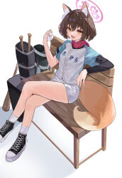 Rule 34 | 1girl, absurdres, alternate costume, animal ear fluff, animal ears, ball, baseball bat, black footwear, blue archive, brown hair, commentary request, couch, cross-laced footwear, crossed legs, fang, fox ears, fox girl, fox tail, hair between eyes, halo, highres, holding, holding ball, izuna (blue archive), long sleeves, looking at viewer, okey, on couch, open mouth, red scarf, scarf, shirt, shoes, short hair, short sleeves, shorts, simple background, sitting, smile, socks, solo, tail, white background, white shirt, white shorts, white socks, wide sleeves, yellow eyes
