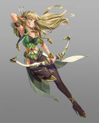 Rule 34 | 1girl, arm behind head, armband, armpits, arrow (projectile), blonde hair, bow, bow (weapon), breasts, cleavage, closed mouth, commentary request, ear piercing, earrings, elf, full body, gem, gold trim, gradient background, green eyes, high heels, highres, holding, holding bow (weapon), holding weapon, horn bow, horn ornament, horns, jewelry, knee up, long hair, looking afar, medium breasts, original, pantyhose, piercing, pointy ears, quiver, simple background, solo, tiger june, weapon