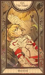 Rule 34 | 1girl, armor, bad id, bad pixiv id, blonde hair, blood, fate/apocrypha, fate (series), full armor, heru (goldprin), mordred (fate), mordred (fate/apocrypha), polearm, ponytail, solo, spear, tarot, tarot (medium), the tower (tarot), tower, weapon