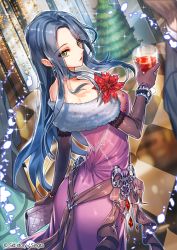 Rule 34 | 1boy, 1girl, bare shoulders, christmas, christmas tree, copyright name, cup, dress, drinking glass, flower, gauntlets, gem, glass, gloves, green eyes, grey hair, jewelry, looking at viewer, looking up, official art, purple dress, purple gloves, red gemstone, sid story, sila (carpen), solo focus, wine glass