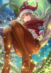 Rule 34 | 1girl, ammunition belt, braid, brown footwear, brown pantyhose, christmas, christmas tree, closed mouth, commentary request, dress, fate/grand order, fate (series), floating, florence nightingale (fate), florence nightingale (santa) (fate), from below, full moon, gloves, gun, hat, highres, holding, holding gun, holding weapon, legs, light frown, light particles, long hair, long sleeves, looking at viewer, moon, night, outdoors, pantyhose, parasol, petticoat, pink hair, red dress, red eyes, red hat, sakumichi, santa dress, santa hat, shoes, solo, sparkle, thighband pantyhose, umbrella, weapon, white gloves