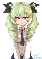 Rule 34 | 1girl, absurdres, anchovy (girls und panzer), anzio school uniform, belt, black belt, black necktie, black ribbon, blue skirt, commentary, dated, dress shirt, drill hair, drops mint, frown, girls und panzer, glaring, green hair, grimace, hair ribbon, highres, long hair, long sleeves, looking at viewer, necktie, no cape, pleated skirt, red eyes, ribbon, school uniform, shirt, simple background, skirt, solo, standing, twin drills, twintails, twitter username, white background, white shirt, wing collar