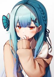 Rule 34 | 1girl, black ribbon, blouse, blue hair, blush, braid, brown jacket, butterfly hair ornament, collared shirt, commentary, covering own mouth, green hair, hair behind ear, hair ornament, hair ribbon, highres, hololive, hololive fantasy, jacket, long hair, long sleeves, looking at viewer, nyan (reinyan 007), off shoulder, red eyes, ribbon, shirt, simple background, sleeves past wrists, solo, symbol-only commentary, upper body, uruha rushia, uruha rushia (school uniform), virtual youtuber, white background, white shirt