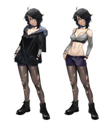 Rule 34 | 1girl, absurdres, ahoge, bare shoulders, black hair, blue eyes, boots, breasts, choker, collarbone, commentary, english commentary, full body, hands in pockets, highres, medium breasts, multiple views, navel, original, pantyhose, reze (rewindze), shorts, simple background, torn clothes, torn pantyhose, white background