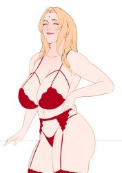 Rule 34 | 1girl, blonde hair, bra, breasts, cleavage, commentary, eyeshadow, facial mark, forehead mark, hand on own hip, heart, heart-shaped pupils, highres, huge breasts, jnsdh, lingerie, lips, looking at viewer, makeup, mature female, medium hair, naruto (series), nose, panties, red bra, red garter belt, red garter straps, red panties, red thighhighs, sketch, smug, solo, spaghetti strap, standing, symbol-only commentary, symbol-shaped pupils, thighhighs, tsunade (naruto), underwear
